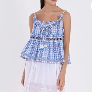 DoDo Bar Or Blue & White Gingham Print Tie Tassel Sleeveless Cotton Top Sz M